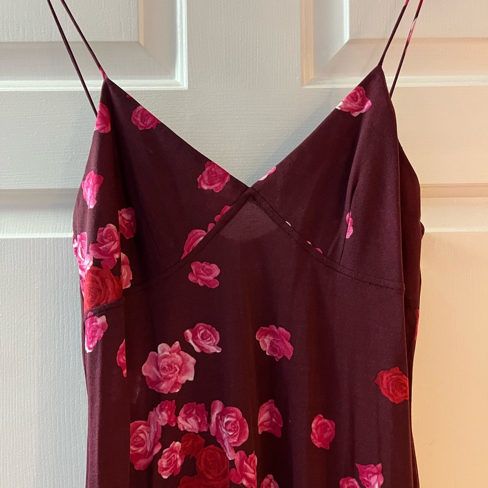 Laundry By Shelli Segal Burgundy Slip Maxi Dress with Pink Rose Print